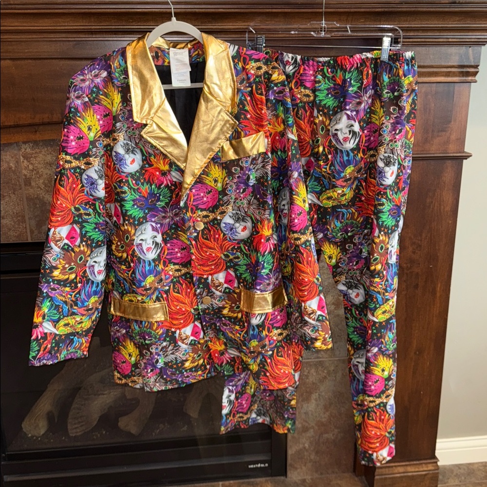 Mardi Gras All Over Print Gaudy Loud Colorful Party Suit Jacket And Pants Est L